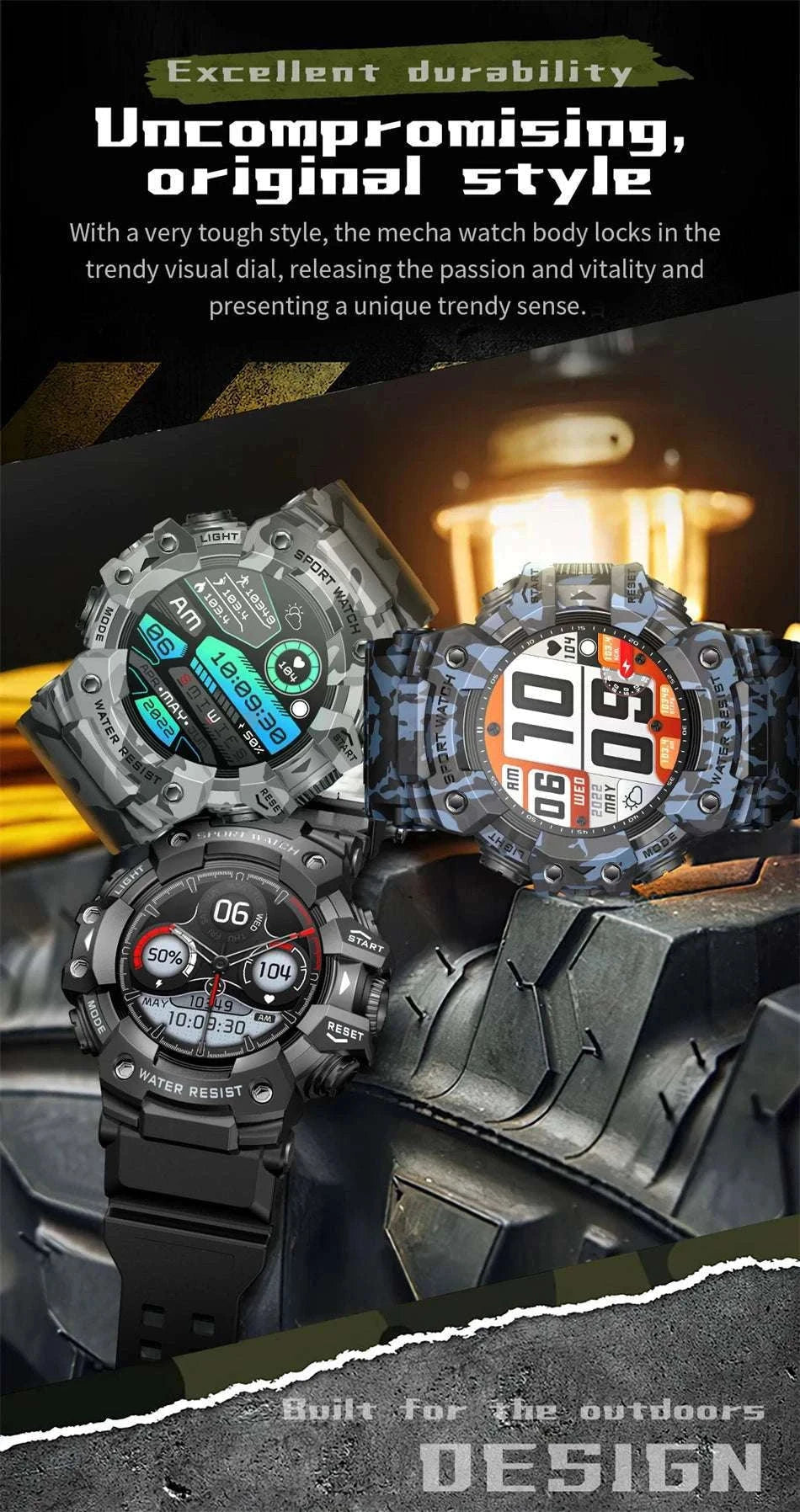 Military Outdoor Smart Watch with Bluetooth Call & 100+ Sports Modes-Green Camouflage