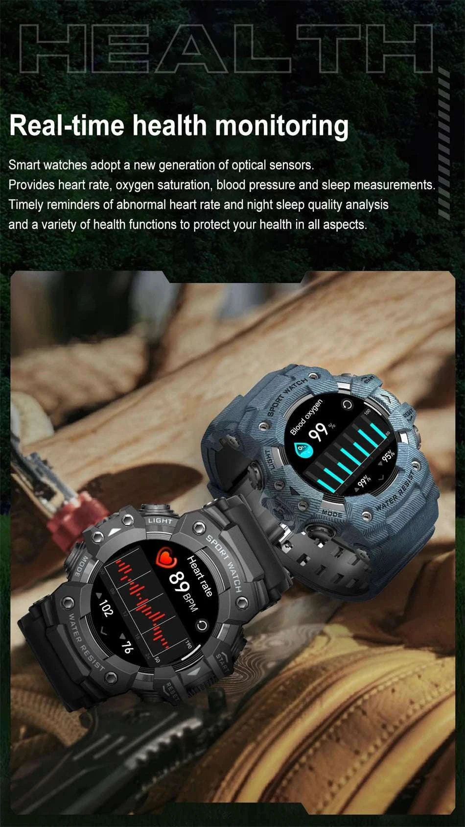 Military Outdoor Smart Watch with Bluetooth Call & 100+ Sports Modes-Green Camouflage