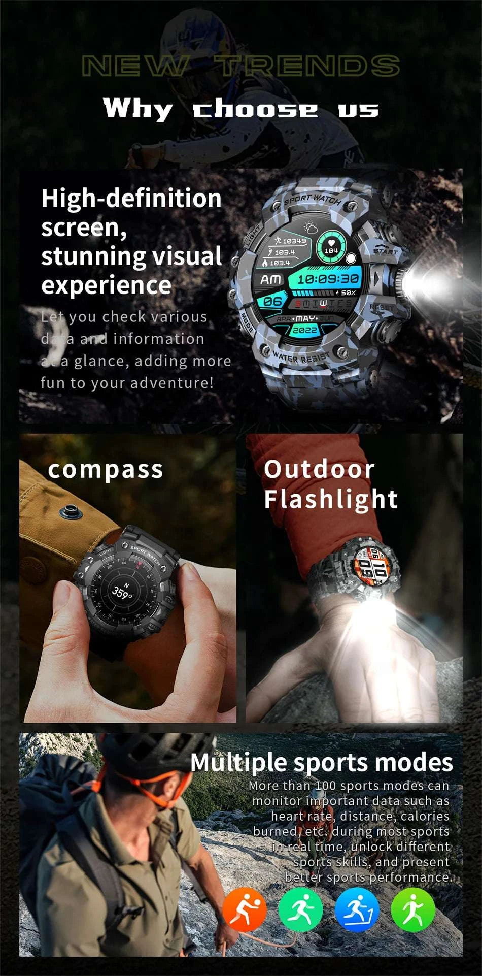 Military Outdoor Smart Watch with Bluetooth Call & 100+ Sports Modes-Green Camouflage