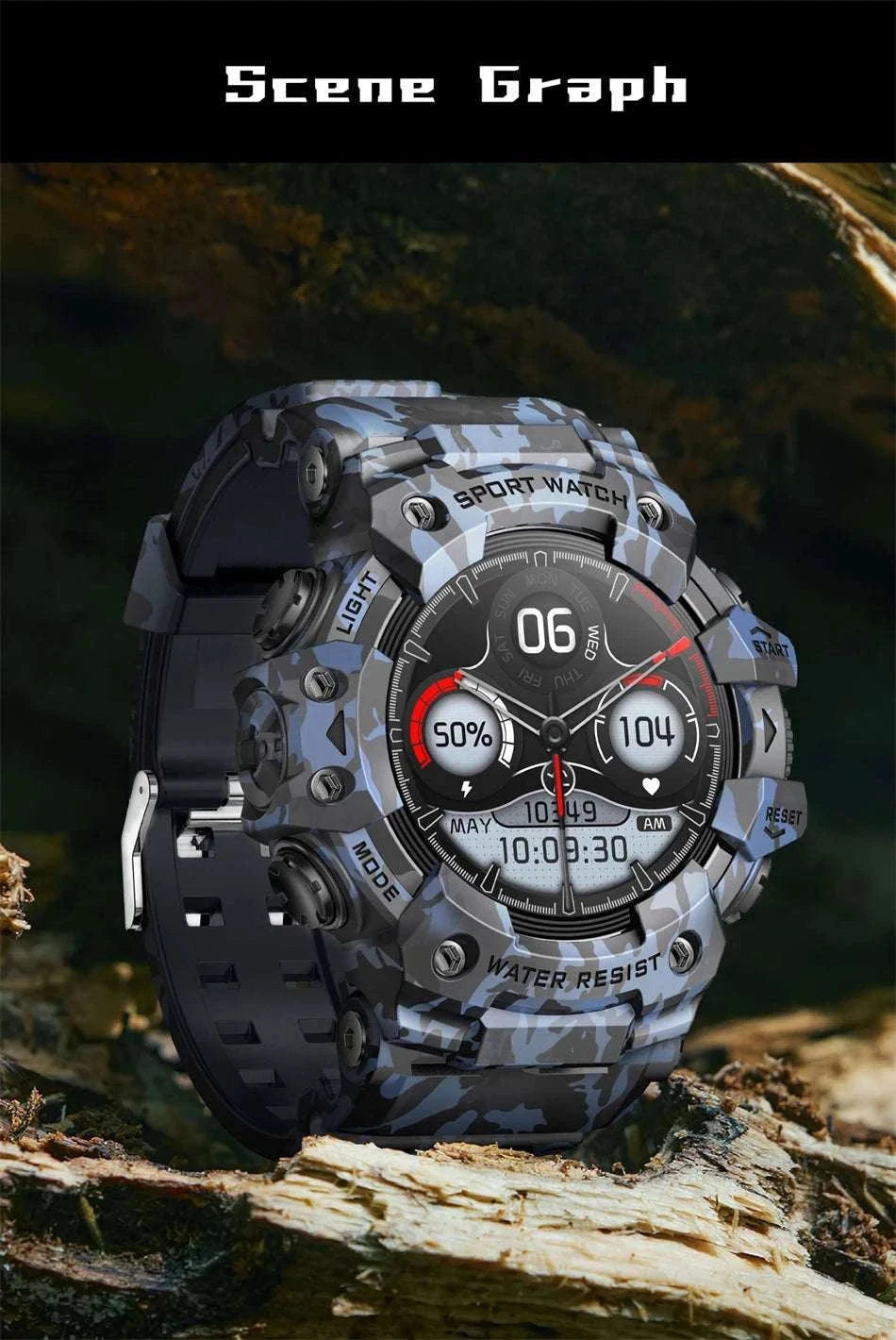 Military Outdoor Smart Watch with Bluetooth Call & 100+ Sports Modes-Green Camouflage