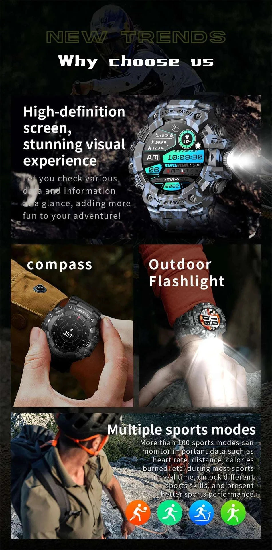 Military Outdoor Smart Watch with Bluetooth Call & 100+ Sports Modes-Green Camouflage