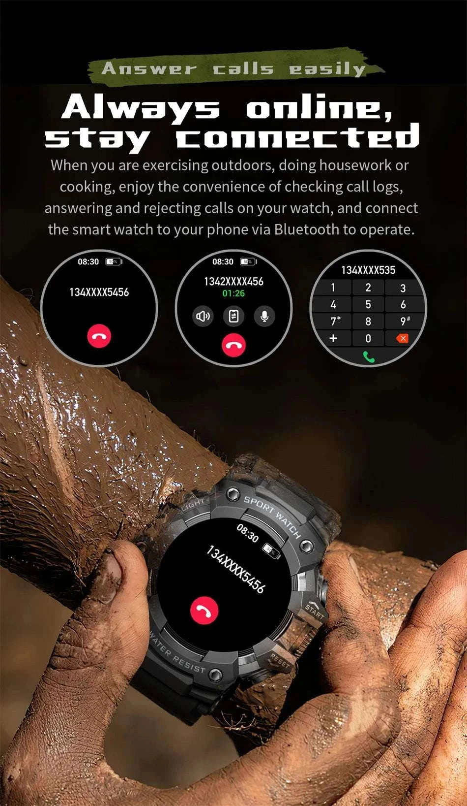 Military Outdoor Smart Watch with Bluetooth Call & 100+ Sports Modes-Green Camouflage
