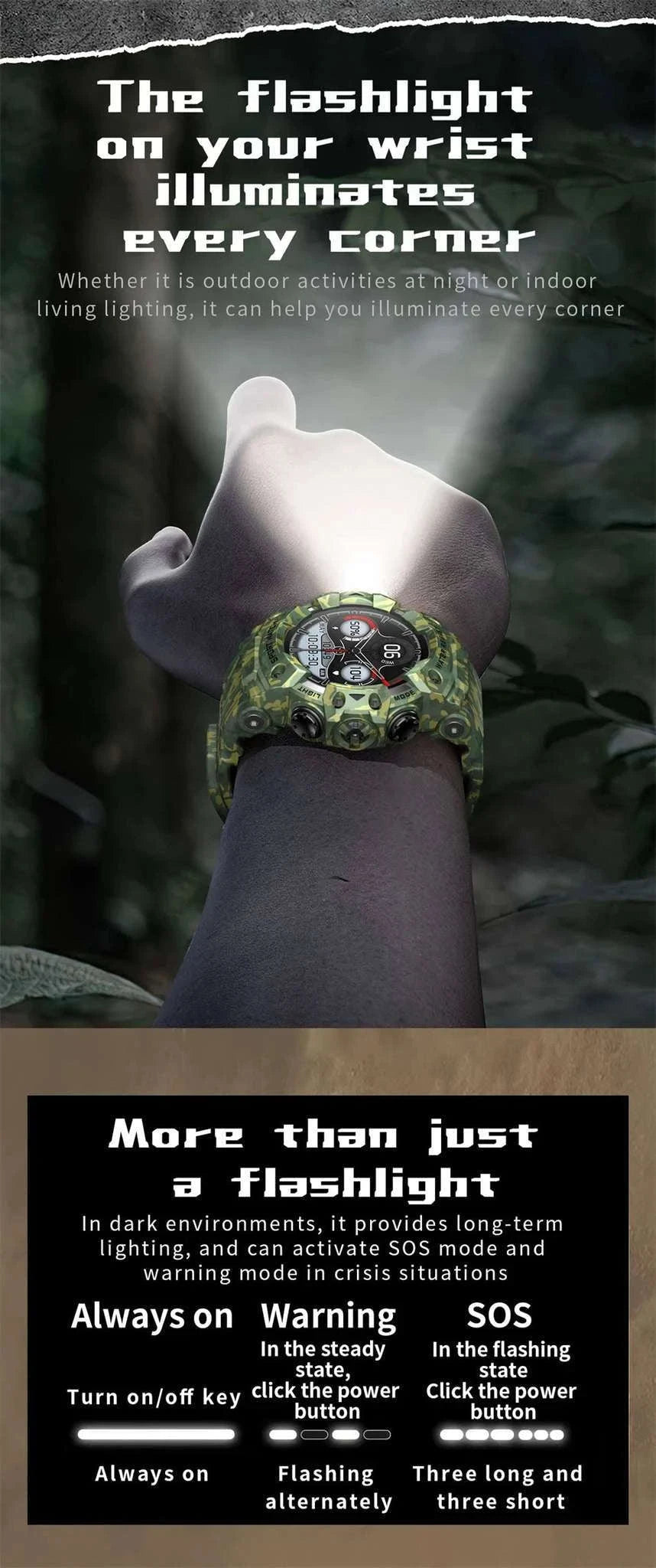 Military Outdoor Smart Watch with Bluetooth Call & 100+ Sports Modes-Green Camouflage