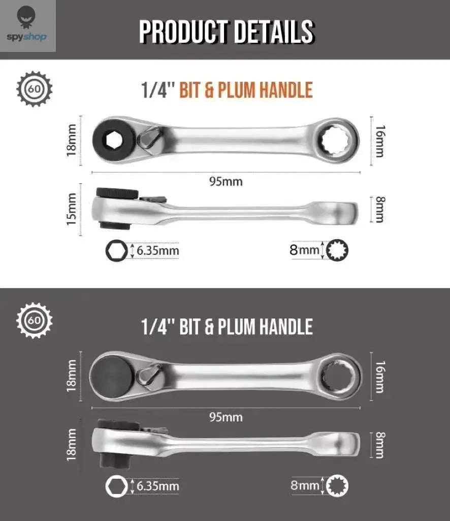 Mini 2-in-1 1/4” Ratchet Wrench Quick Socket Handle Set-60T-NO Magnetic