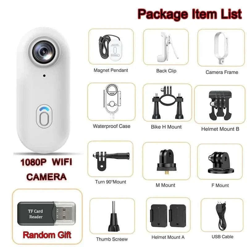 Mini 4K Action Camera with WiFi, Magnetic Mount & 30M Waterproof-FHD 1080P (White) / NO TF Card