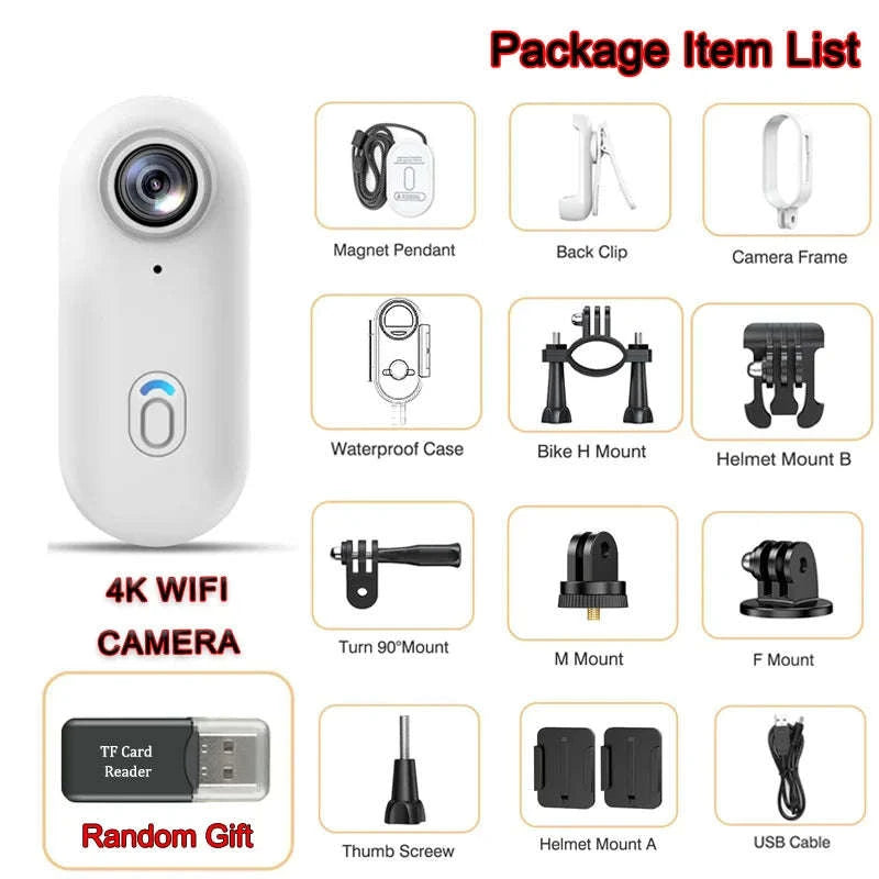 Mini 4K Action Camera with WiFi, Magnetic Mount & 30M Waterproof-FHD 1080P (White) / NO TF Card