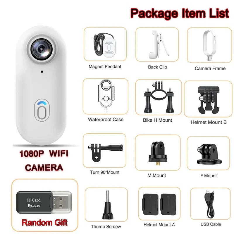 Mini 4K Action Camera with WiFi, Magnetic Mount & 30M Waterproof-FHD 1080P (White) / NO TF Card