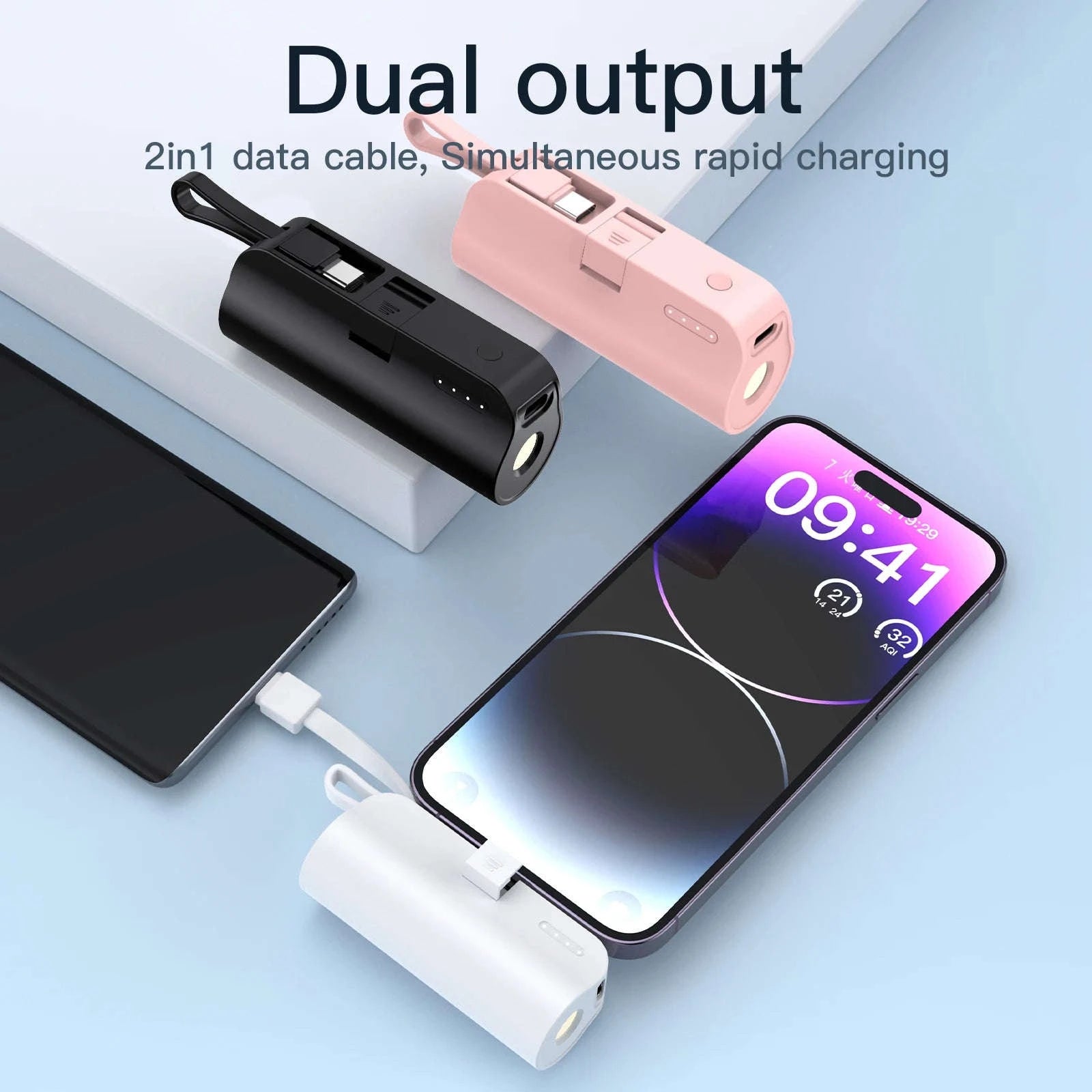 Mini 5000mAh Power Bank with Built-In Cable, LED Light & Stand-pink / 5000mAh / United States