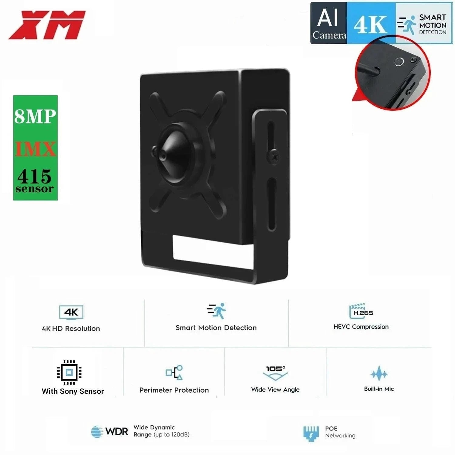 Mini 8MP POE Audio IP Camera with Sony Sensor-8MP DC 12V NO Poe / 3.6mm