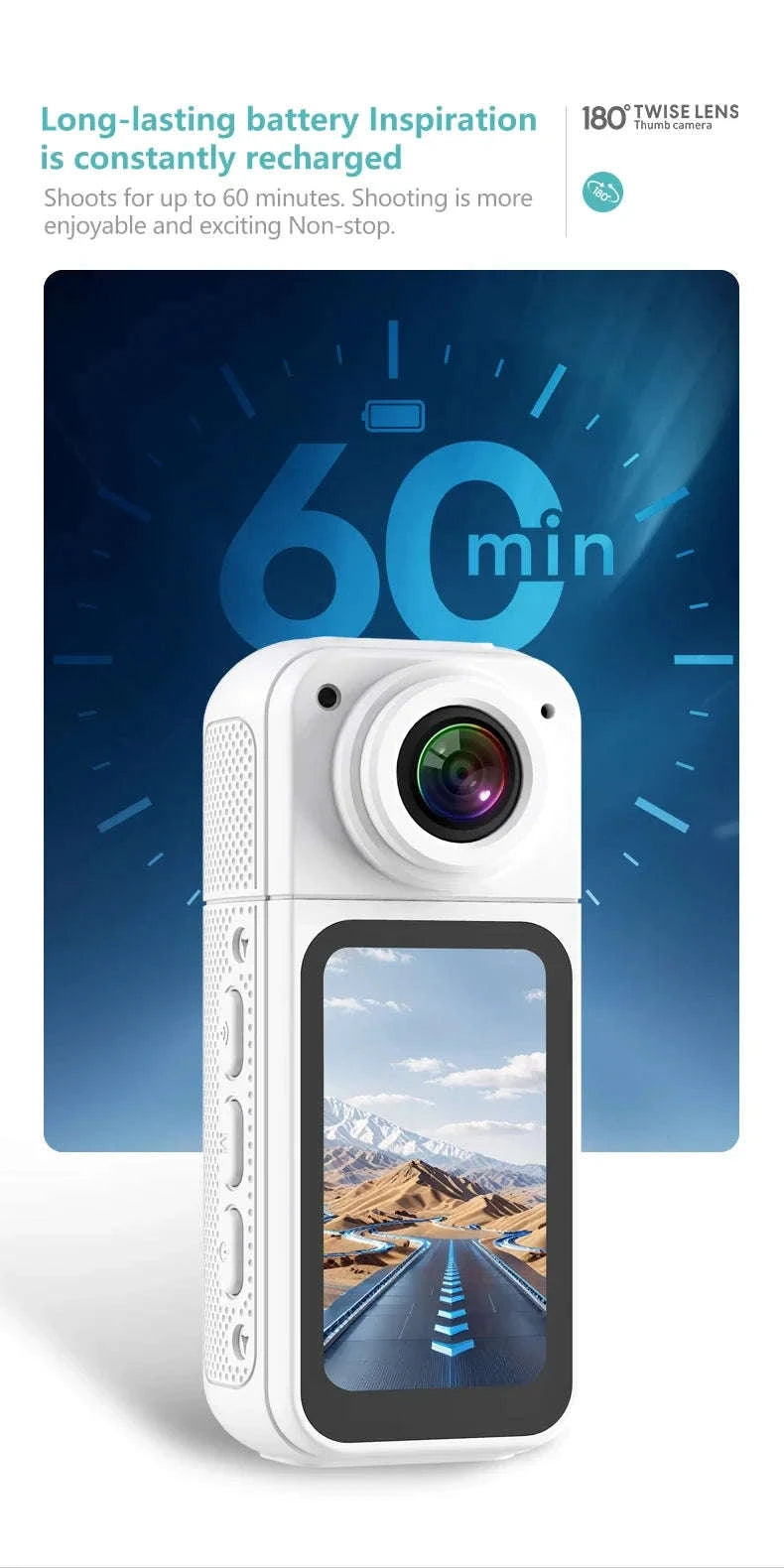 Mini Action Camera 180° Rotating Lens WiFi Body Cam 1080P-white NO TF