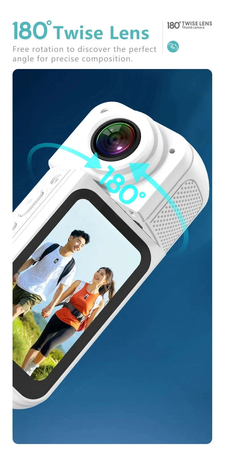 Mini Action Camera 180° Rotating Lens WiFi Body Cam 1080P-white NO TF
