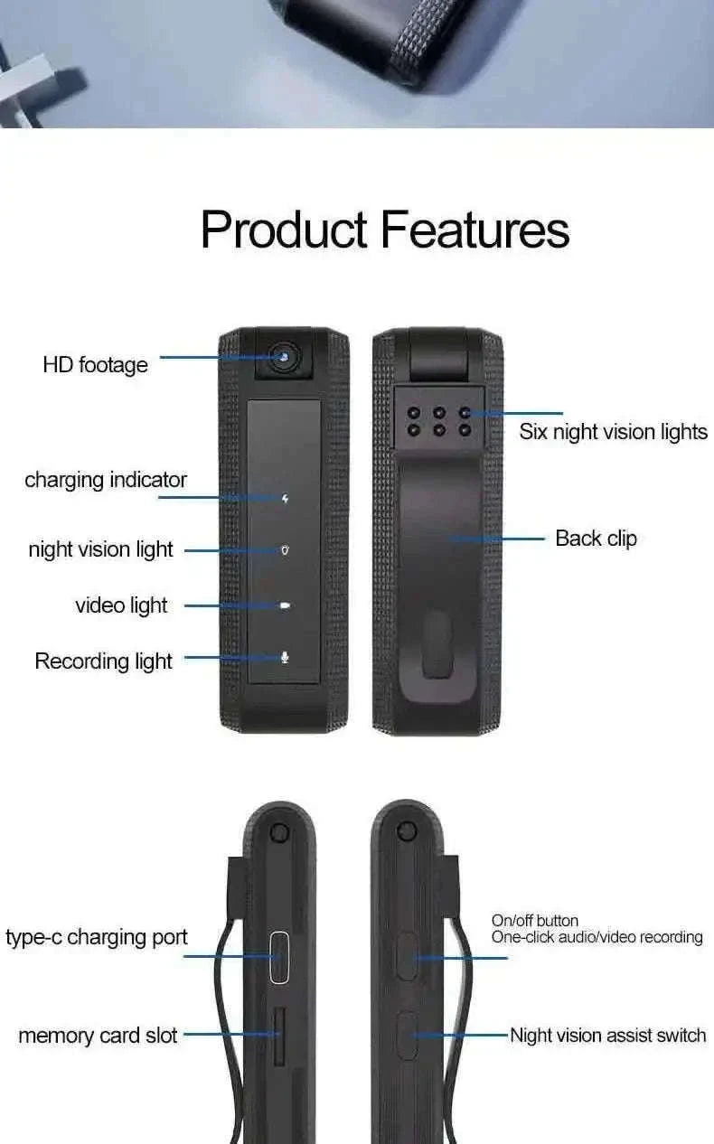 Mini Body Camera 1080P HD with Night Vision & 180° Rotating Lens-Black