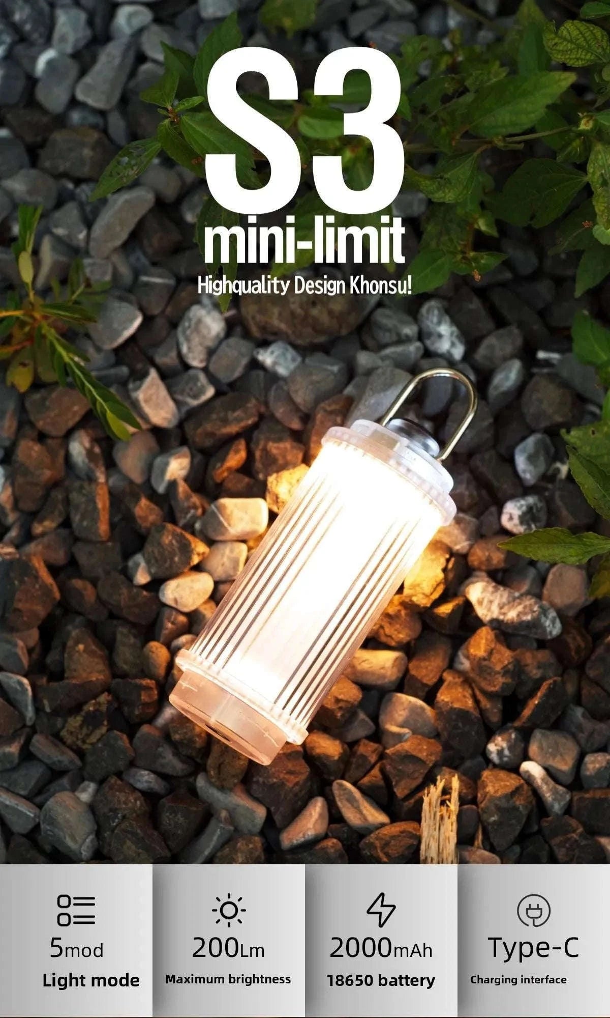 Mini Camping Lamp USB Rechargeable Tent Lantern 2000mAh-Transparent
