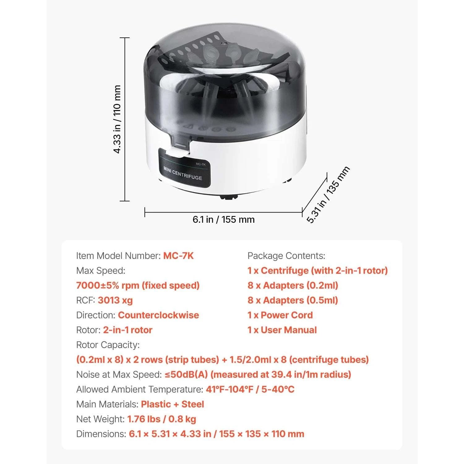 Mini Centrifuge 7000rpm 3013xg with 2-in-1 Rotor for Lab Tubes-2ml 110V / United States