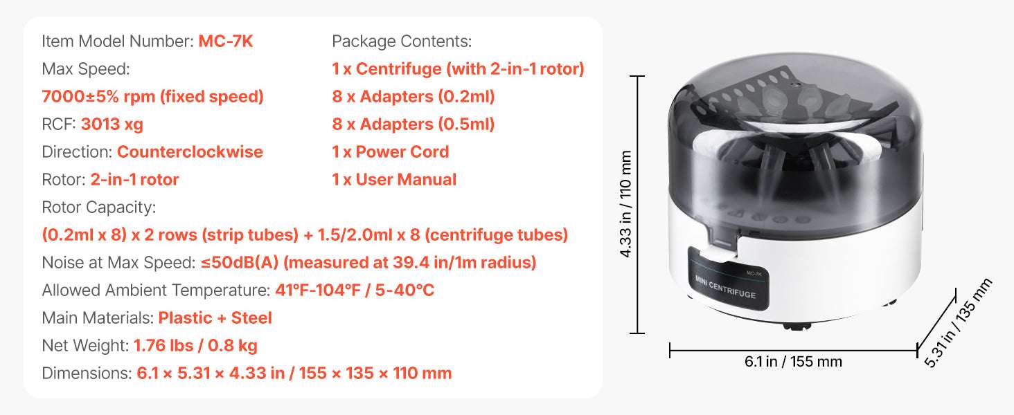 Mini Centrifuge 7000rpm 3013xg with 2-in-1 Rotor for Lab Tubes-2ml 110V / United States