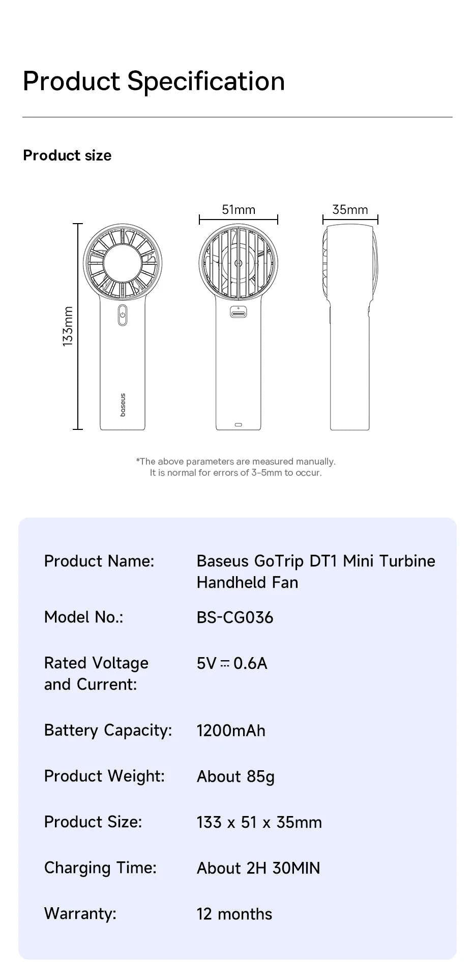Mini Handheld Turbine Fan with 3 Speeds & Rechargeable Battery-GoTrip DT1