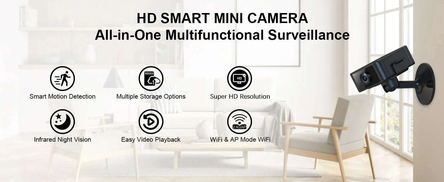 Mini Indoor Security Camera HD 1080P Night Vision Motion Alerts-Wifi Cam Add 64G
