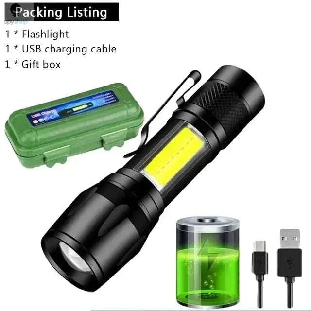 Mini LED Flashlight COB + XPE USB Rechargeable Torch-1PC With Box