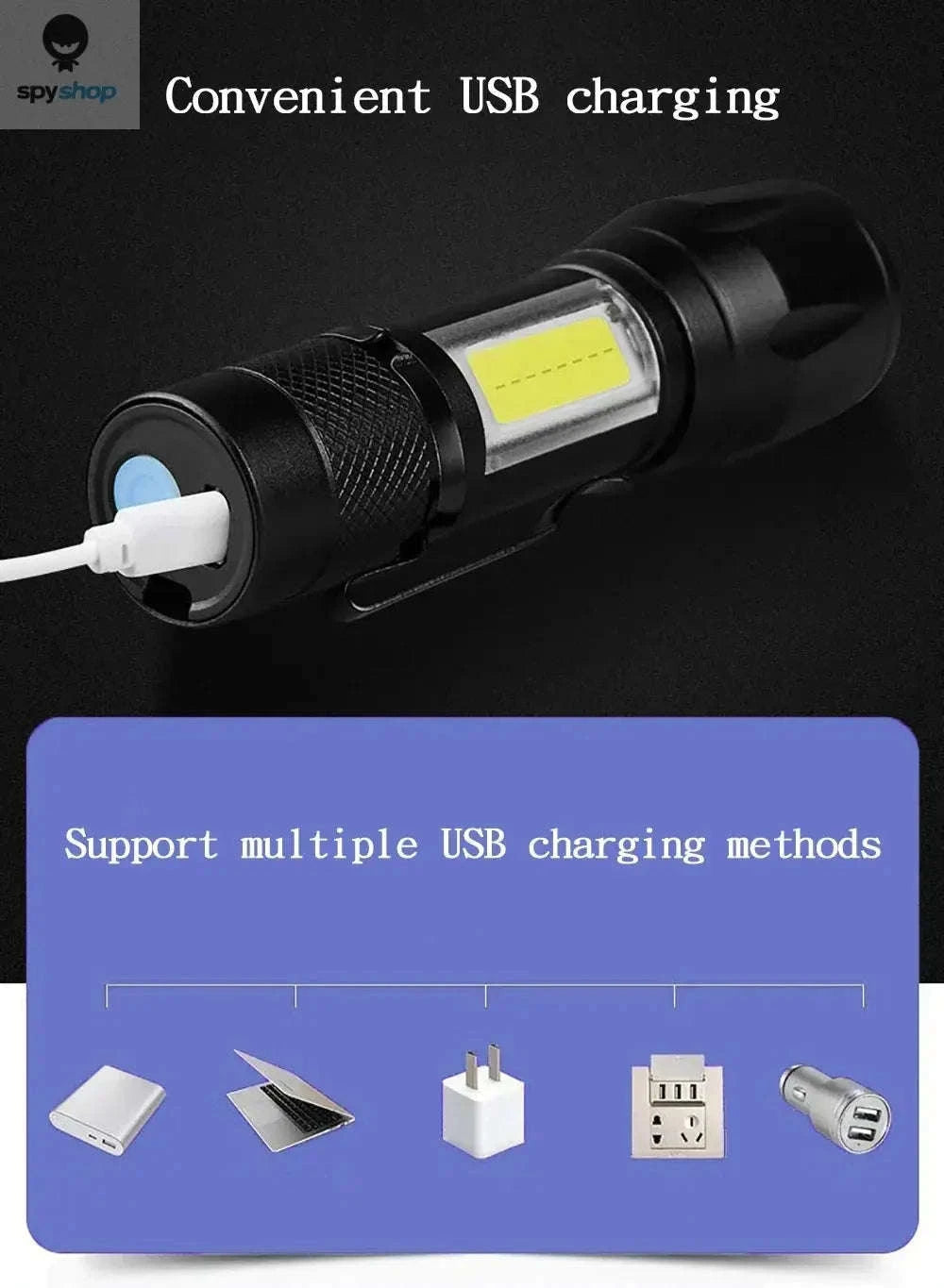 Mini LED Flashlight COB + XPE USB Rechargeable Torch-1PC With Box