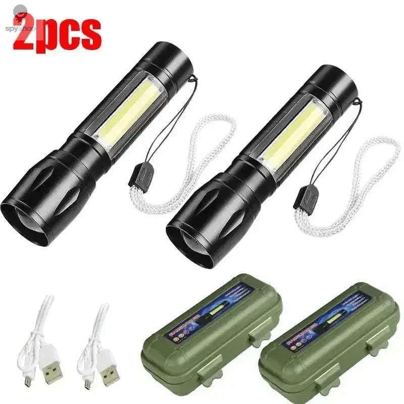 Mini LED Flashlight COB + XPE USB Rechargeable Torch-1PC With Box