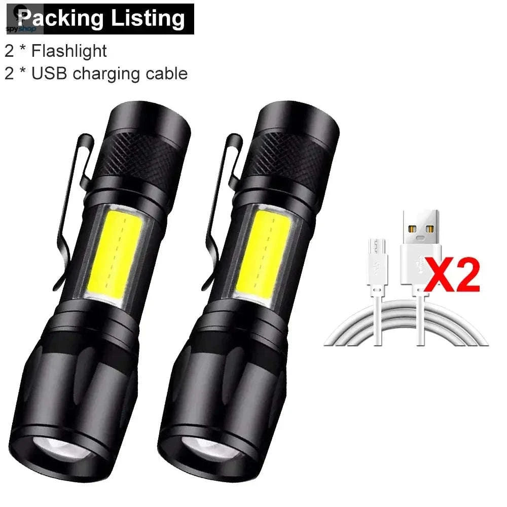 Mini LED Flashlight COB + XPE USB Rechargeable Torch-1PC With Box