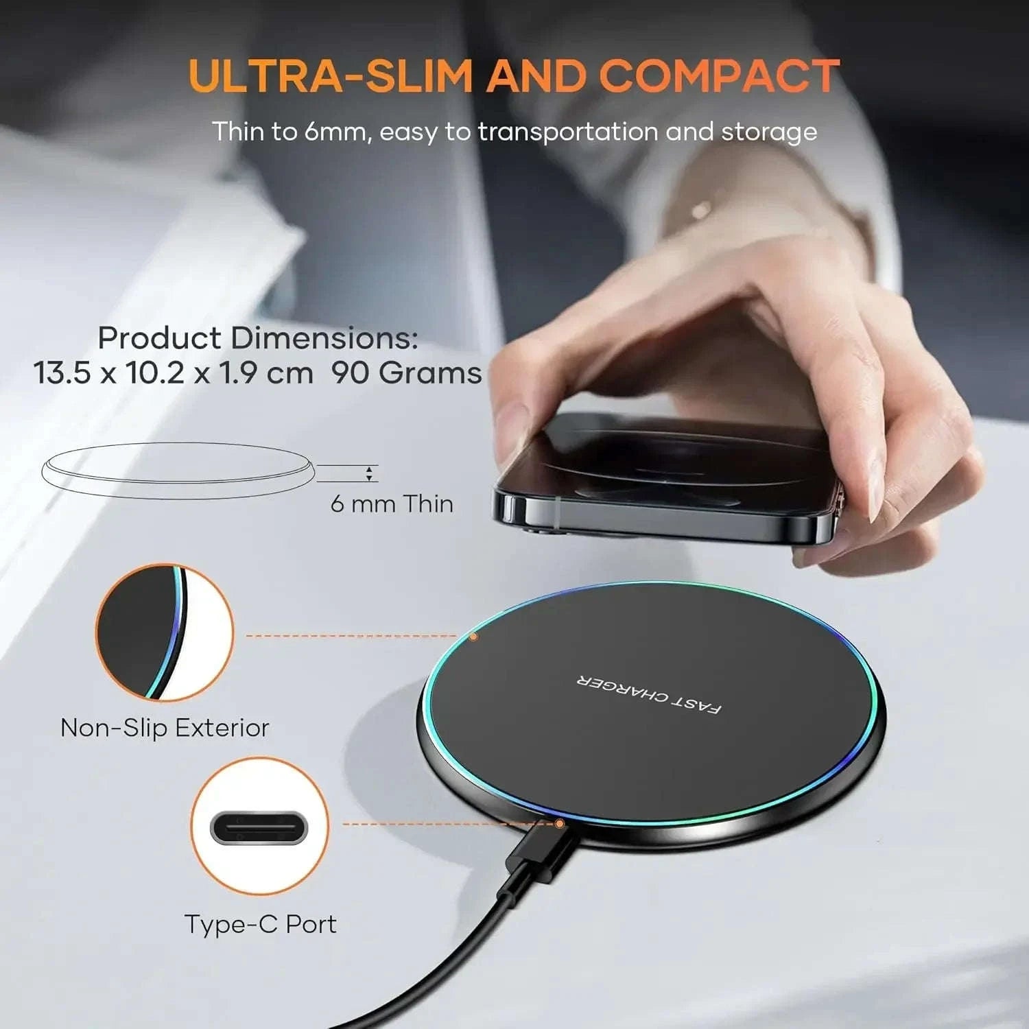 Mini LED Wireless Charger Pad for Fast, Convenient Charging-Black No Cable