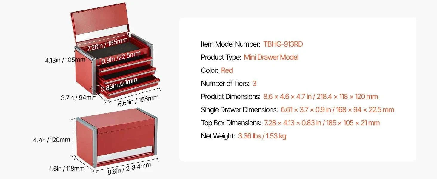 Mini Metal Toolbox with 3 Drawers and Magnetic Lid 8.6 Inch-Red / United States