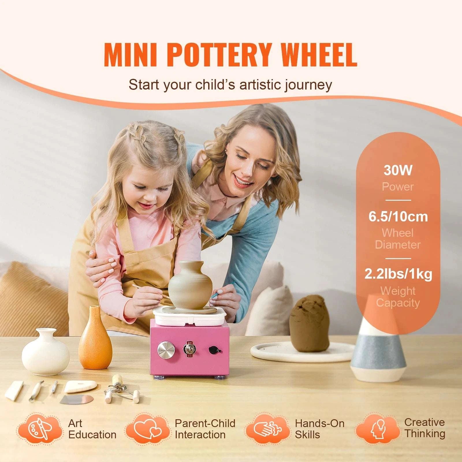 Mini Pottery Wheel Kit with Adjustable Speed & Tool Set-Pink / spain