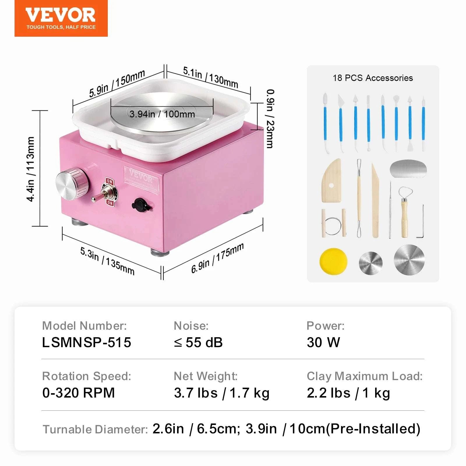 Mini Pottery Wheel Kit with Adjustable Speed & Tool Set-Pink / spain