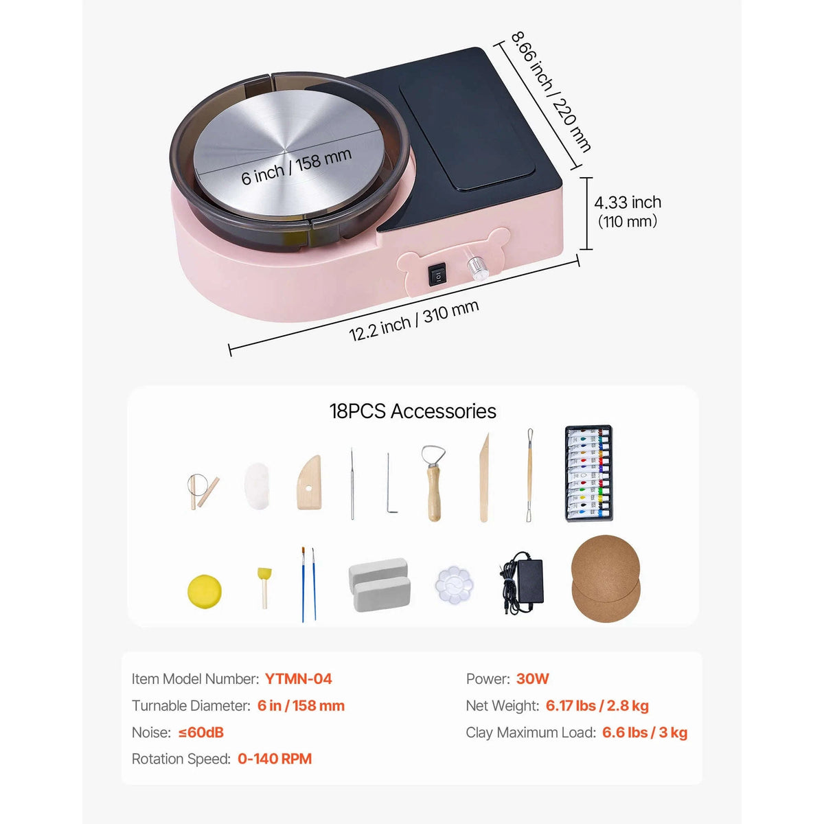 Mini Pottery Wheel Turntable with Adjustable Speed and Forward/Reverse Rotation-6in Pink Round / france