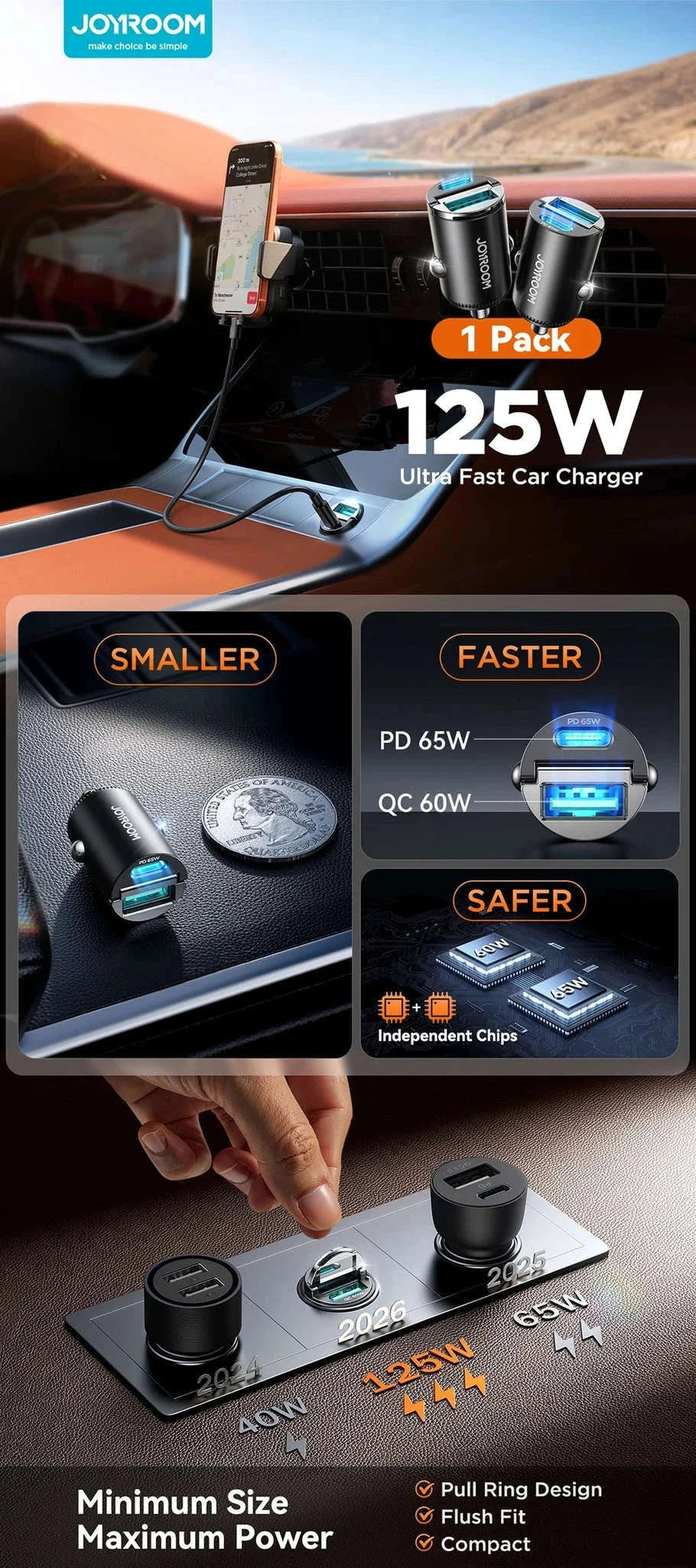 Mini Pull Ring Car Charger USB-C and USB-A Fast Charge-2 Type-c / China Mainland