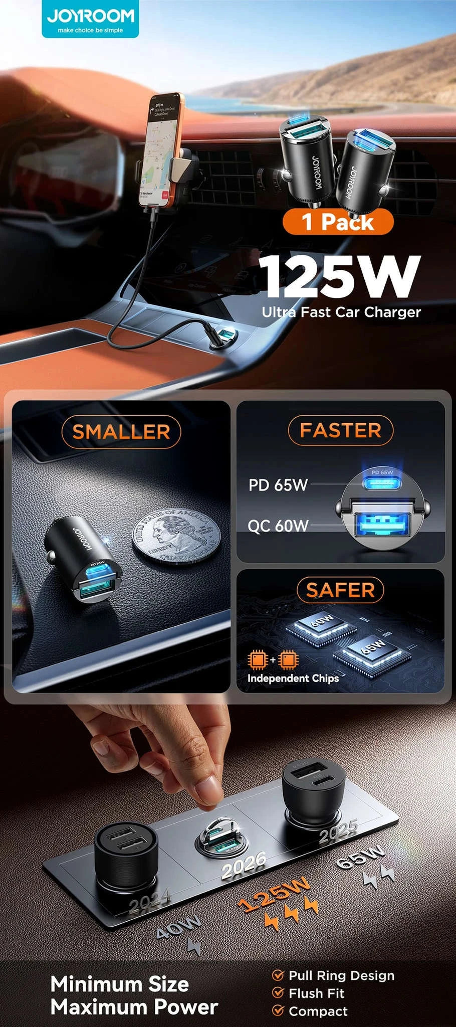Mini Pull Ring Car Charger USB-C and USB-A Fast Charge-2 Type-c / China Mainland
