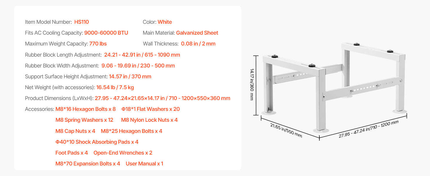 Mini Split Ground Stand Adjustable Anti-Vibration Stand for 9000-36000 BTU Outdoor Units-39.4x19x16inch / 8 inch / Poland