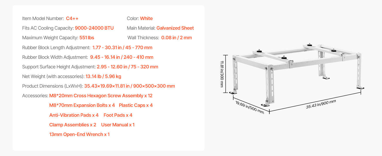 Mini Split Ground Stand Adjustable Anti-Vibration Stand for 9000-36000 BTU Outdoor Units-39.4x19x16inch / 8 inch / Poland