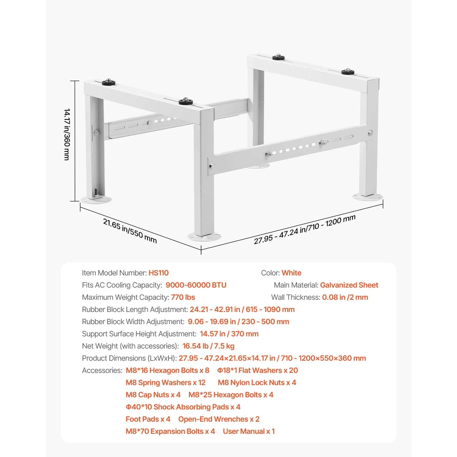 Mini Split Ground Stand Adjustable Anti-Vibration Stand for 9000-36000 BTU Outdoor Units-39.4x19x16inch / 8 inch / Poland