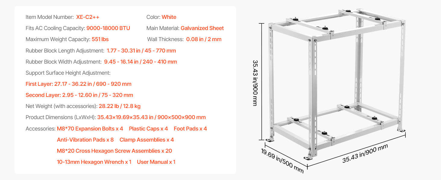 Mini Split Ground Stand Adjustable Anti-Vibration Stand for 9000-36000 BTU Outdoor Units-39.4x19x16inch / 8 inch / Poland