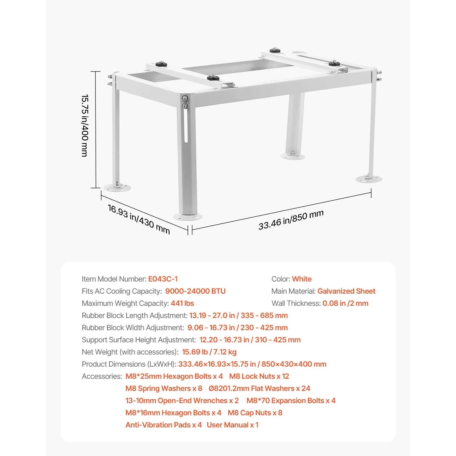 Mini Split Ground Stand Adjustable Anti-Vibration Stand for 9000-36000 BTU Outdoor Units-39.4x19x16inch / 8 inch / Poland