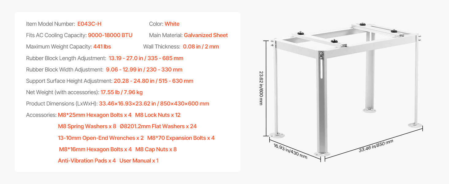 Mini Split Ground Stand Adjustable Anti-Vibration Stand for 9000-36000 BTU Outdoor Units-39.4x19x16inch / 8 inch / Poland