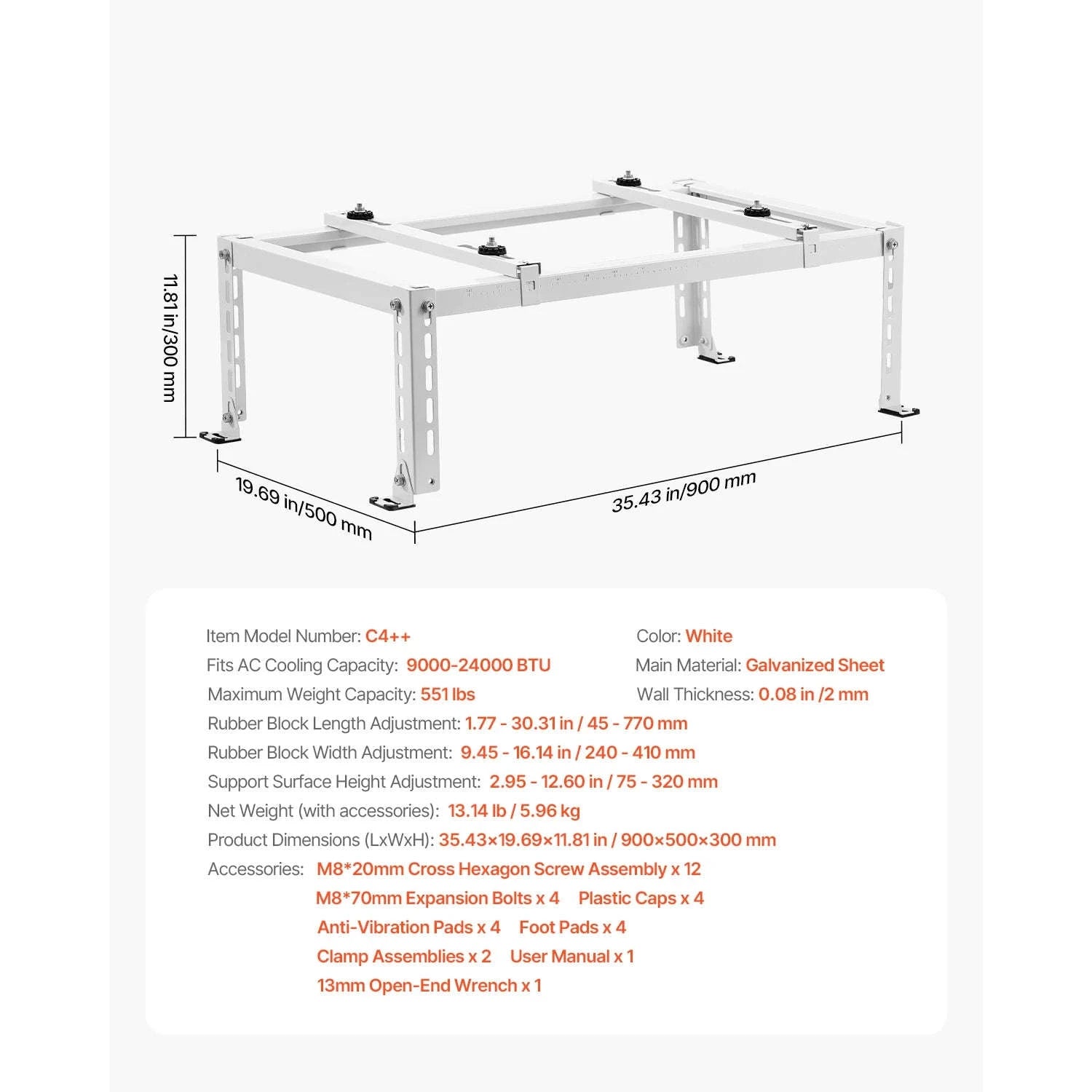 Mini Split Ground Stand Adjustable Anti-Vibration Stand for 9000-36000 BTU Outdoor Units-39.4x19x16inch / 8 inch / Poland