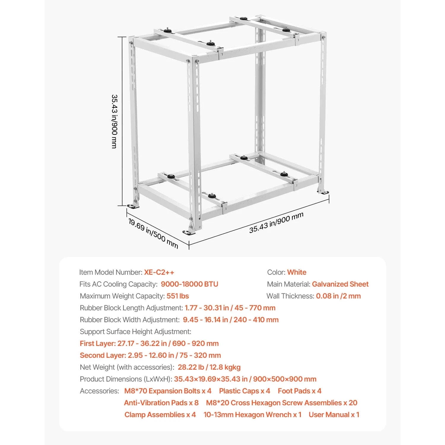 Mini Split Ground Stand Adjustable Anti-Vibration Stand for 9000-36000 BTU Outdoor Units-39.4x19x16inch / 8 inch / Poland