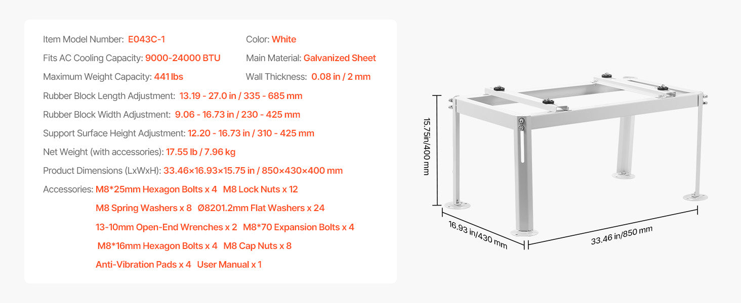 Mini Split Ground Stand Adjustable Anti-Vibration Stand for 9000-36000 BTU Outdoor Units