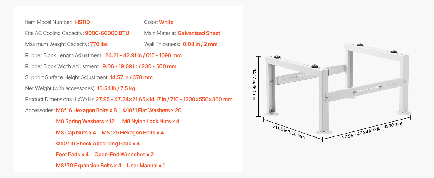 Mini Split Ground Stand Adjustable Anti-Vibration Stand for 9000-36000 BTU Outdoor Units