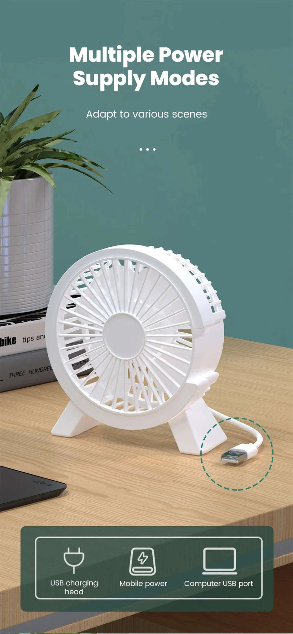 Mini USB Rechargeable Table Fan for Desk, Dorm, and Office-United States / WHITE