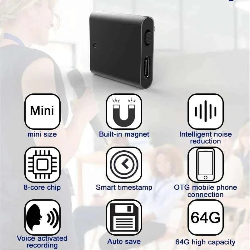Mini Voice Activated Recorder with OTG Phone Connection & Magnet-with iPhone OTG / 32 GB