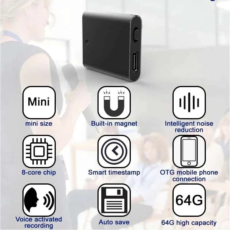Mini Voice Activated Recorder with OTG Phone Connection & Magnet-with iPhone OTG / 32 GB