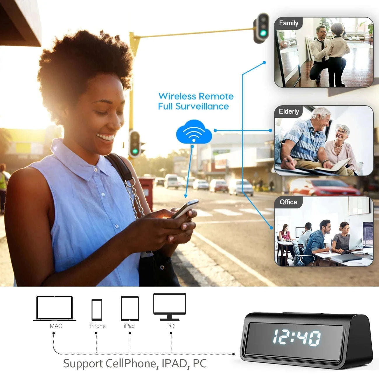 Mini WiFi Clock Camera 4K Hidden Home Security Recorder-US PLUS / with 128GB card