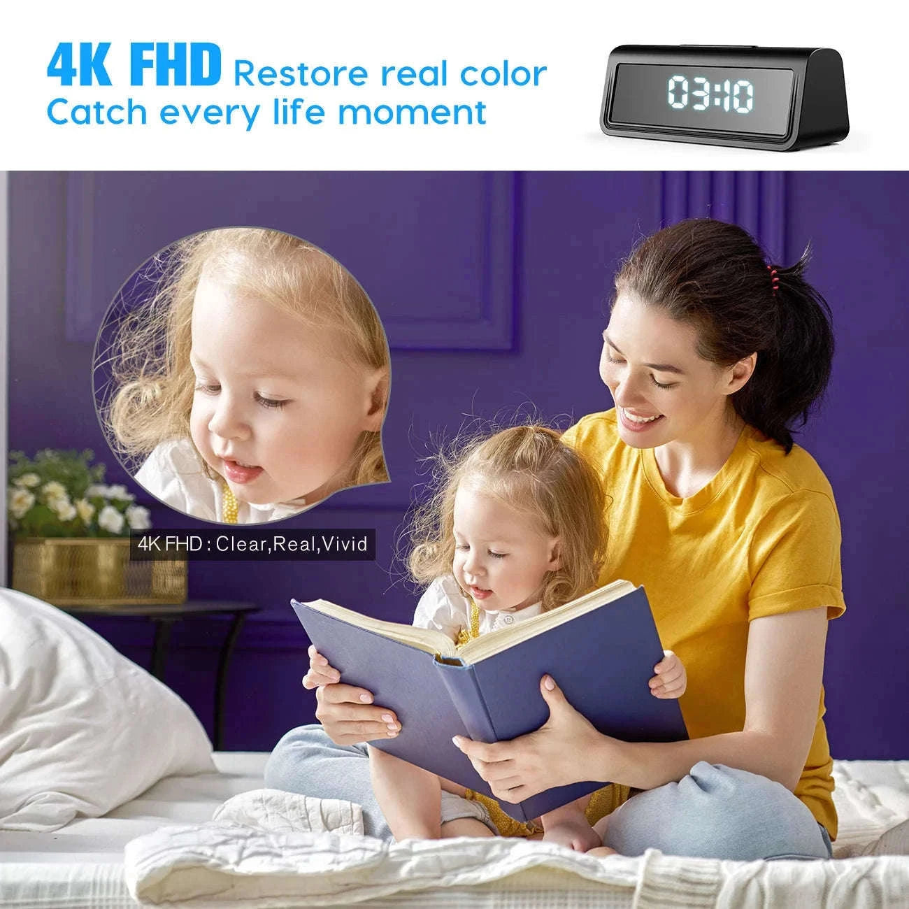Mini WiFi Clock Camera 4K Hidden Home Security Recorder-US PLUS / with 128GB card