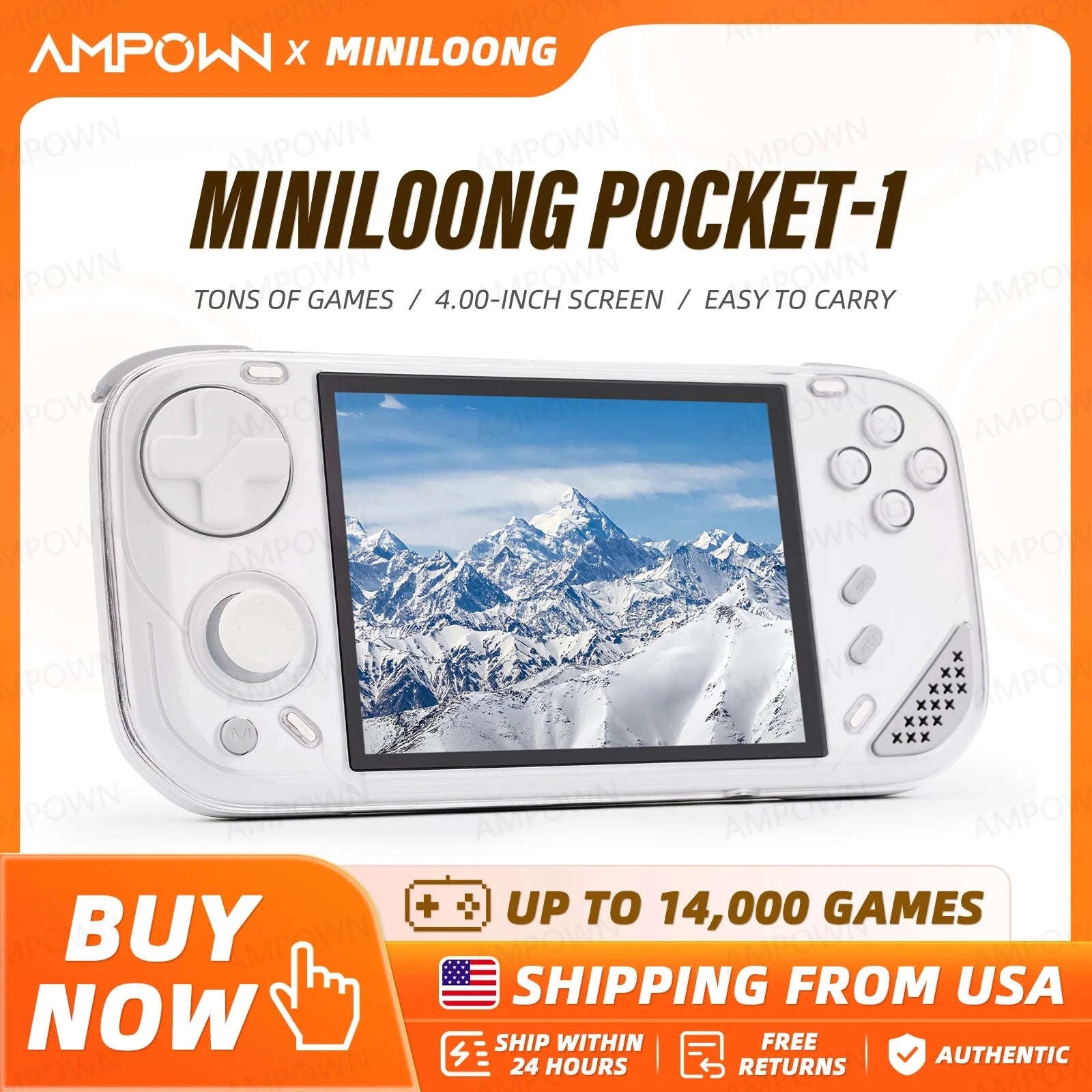 MINILOONG Pocket 1 Handheld Game Console 4" IPS Screen 14,000+ Games-White / United States / 64G(14K Games)