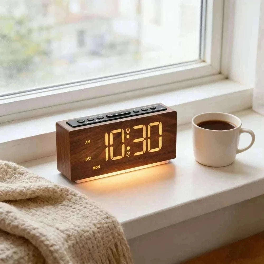 Minimalist Wooden LED Alarm Clock with Adjustable Brightness-NZ668