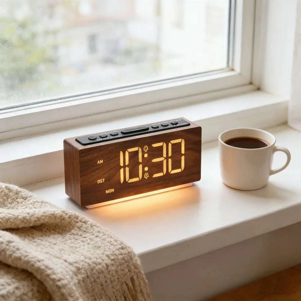 Minimalist Wooden LED Alarm Clock with Adjustable Brightness-NZ668